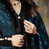 Dark Blue Gold Wool Poncho Faux Fur