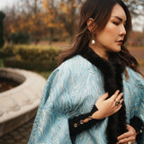Light Blue Gold Wool Poncho Faux Fur