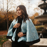 Light Blue Gold Wool Poncho Faux Fur