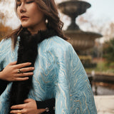 Light Blue Gold Wool Poncho Faux Fur