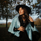 Light Blue Gold Wool Poncho Faux Fur