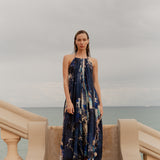 Look 01 — navy celestial halter dress