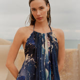 Look 01 — navy celestial halter dress