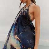 Look 01 — navy celestial halter dress
