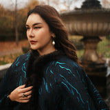 Dark Blue Gold Wool Poncho Faux Fur